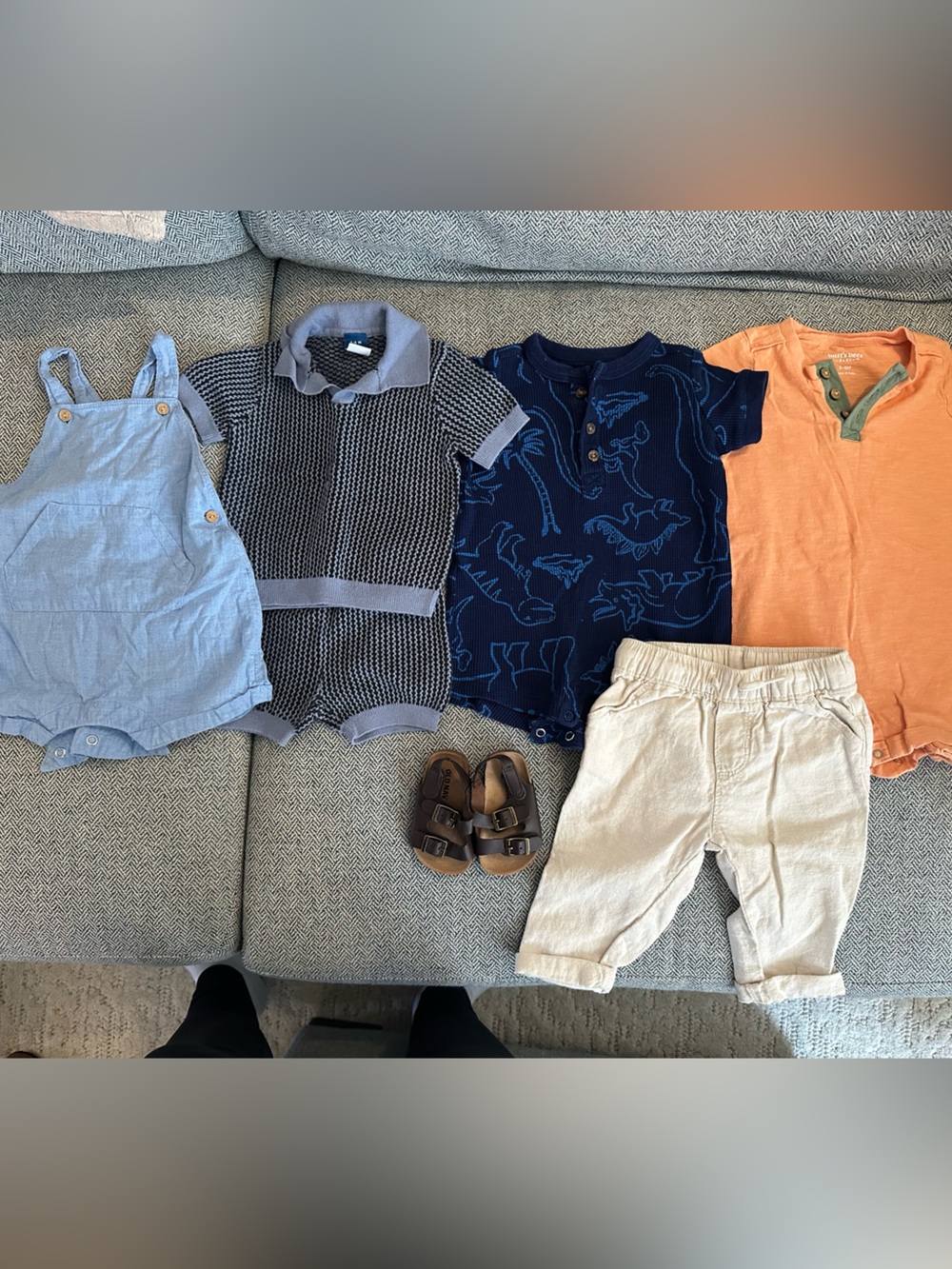 Various baby summer outfits (all are 3-6 months except blue Dino romper is 0-3)